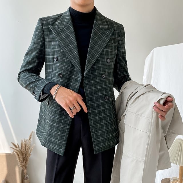 予約販売】ジャケット チェック柄 メンズ グリーン ダブル ドレス