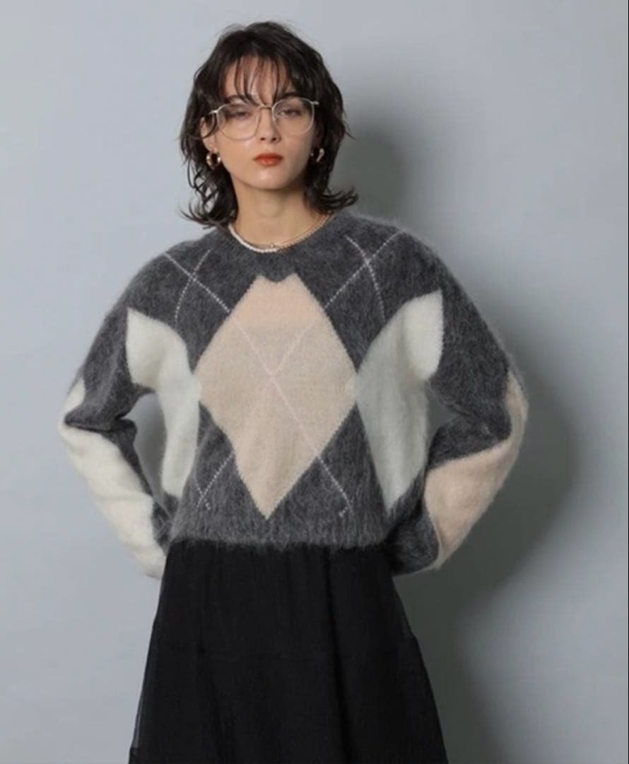 CADUNE カデュネ　Kidモヘアアーガイルニット　チャコールグレー　M モヘアアーガイルVネックニット – SELECT MOCA