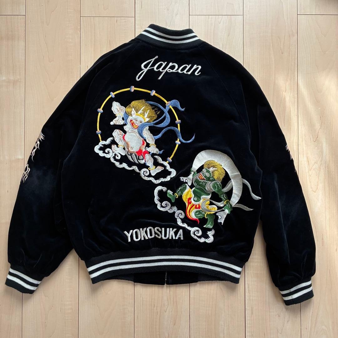 【VINTAGE】別珍 スカジャン 風神雷神 JAKE ジェイク 風神 雷神 龍 ドラゴン 総刺繍 ブラック 黒 別珍