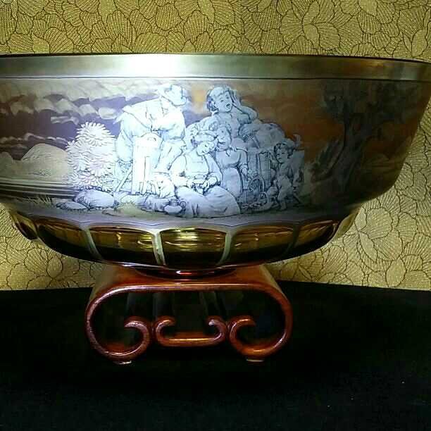 チェコスロバキア製エーゲルマン金彩ベンドローイングの大鉢　アンバーガラス チェコスロヴァキア アンティーク ボヘミアンガラス ハンドカット